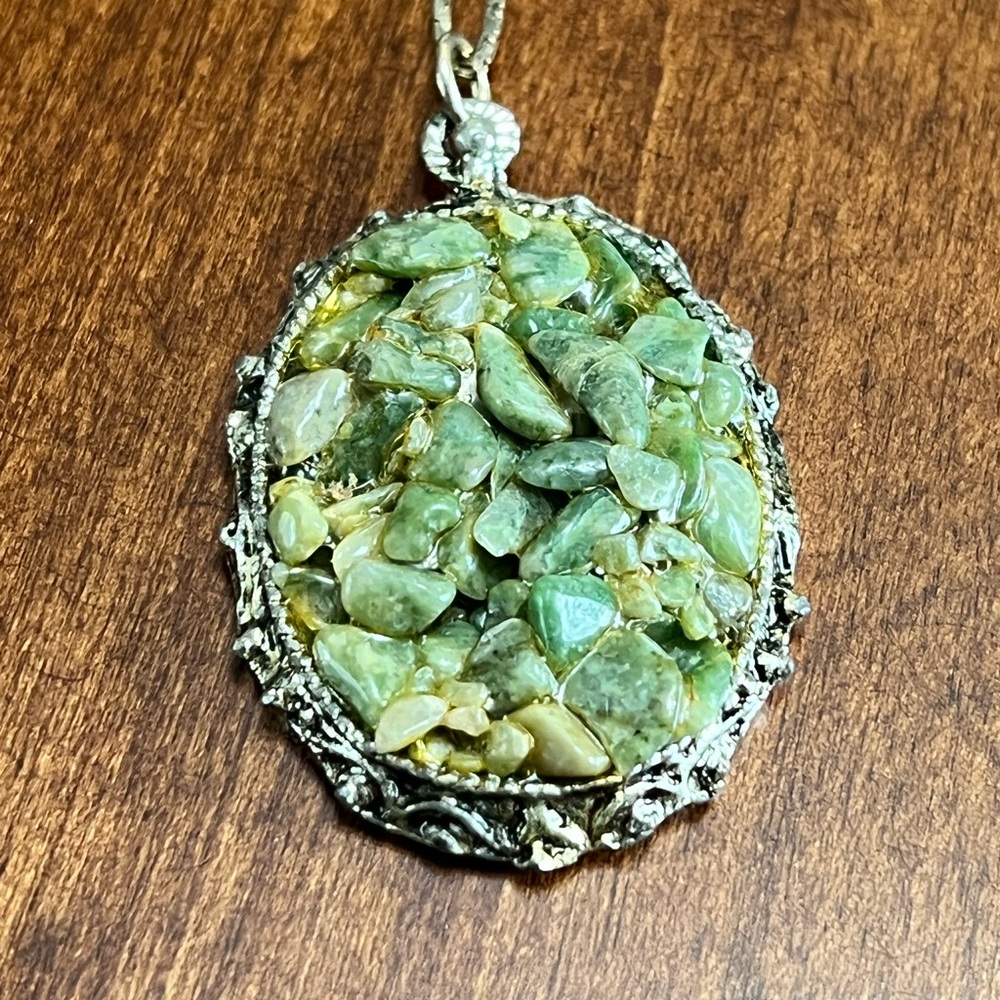 Vintage Silver Pendant Necklace with Jade Colored Stones, EUC